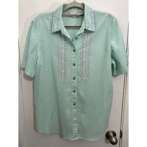 Vintage Napa Valley Shirt Medium Aqua Striped Embroidered Grandma Core
